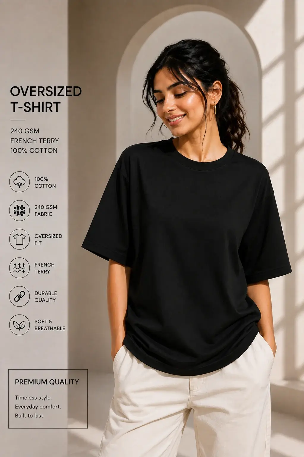 Women’s Oversized Black T-Shirt – 100% Cotton Terry Premium Casual Wear 240 GSM