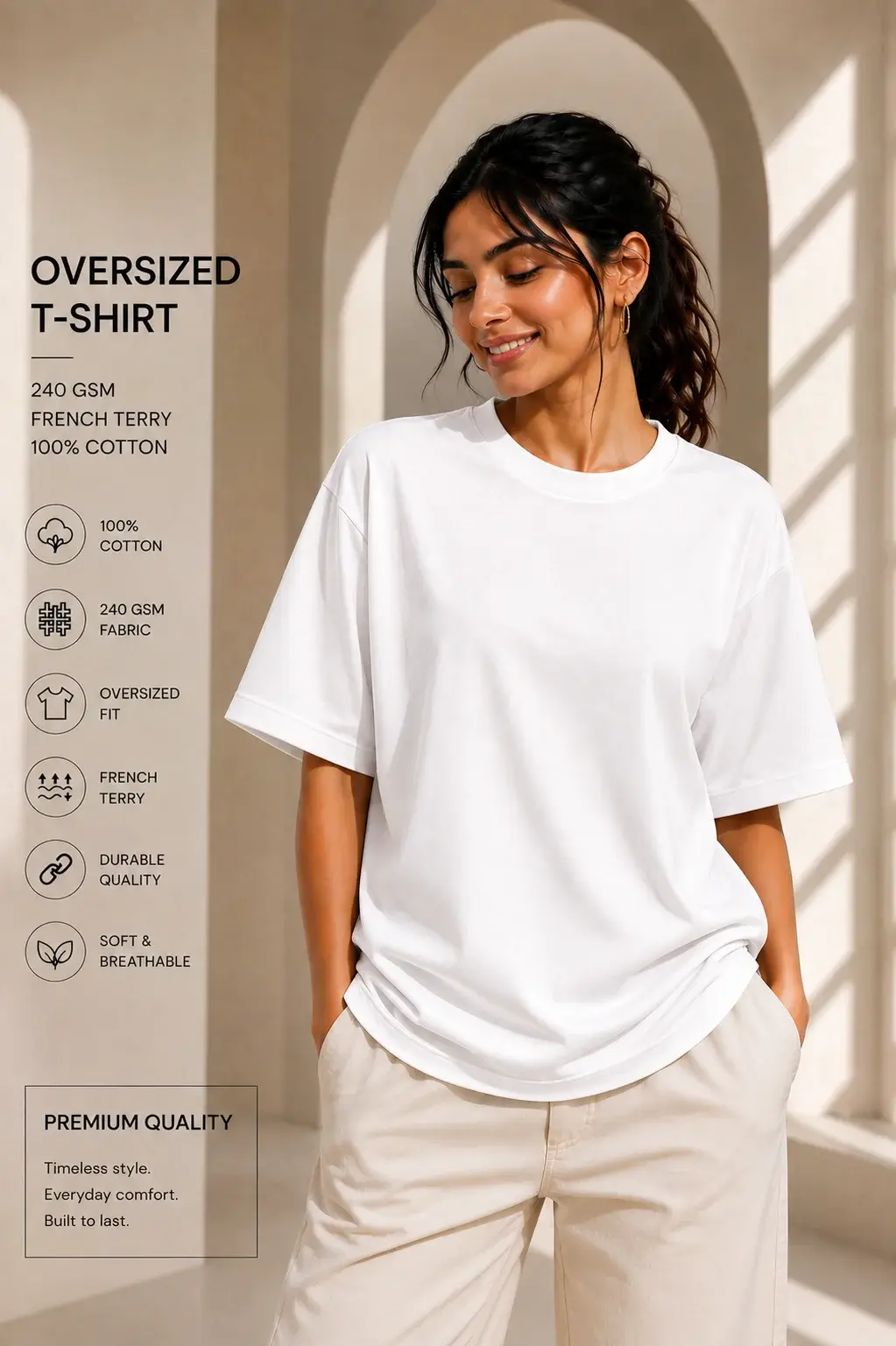 Women’s Oversized White T-Shirt – 100% Cotton Terry Premium Everyday Tee 240 GSM