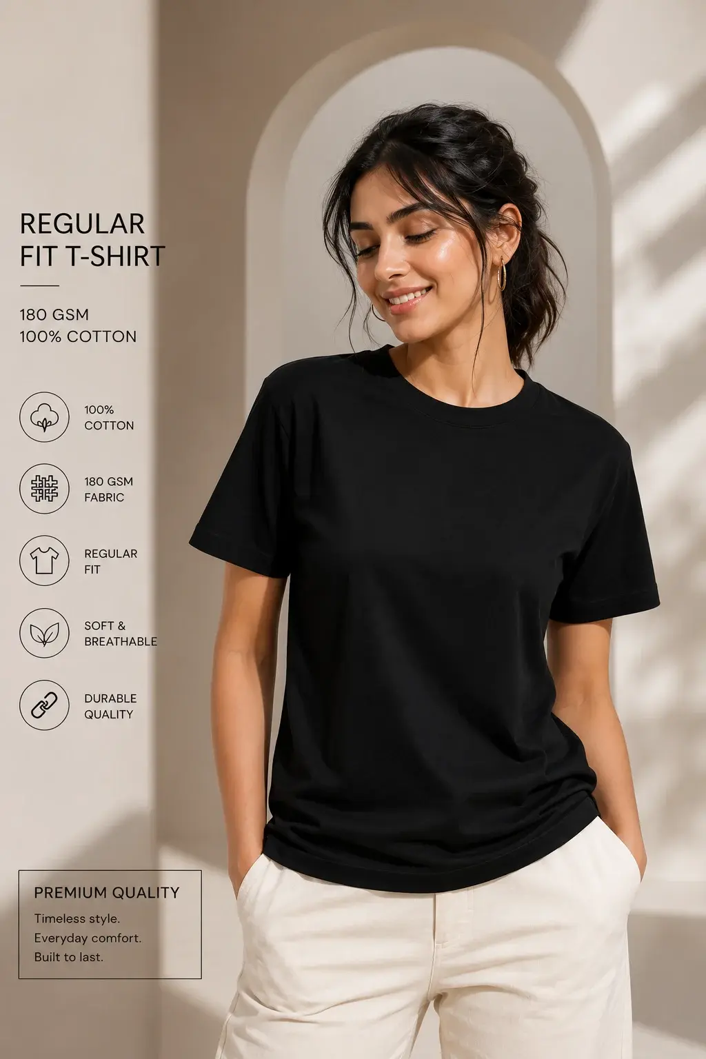 Women’s Black Regular Fit T-Shirt – 100% Cotton Soft Casual Everyday Tee 180 GSM