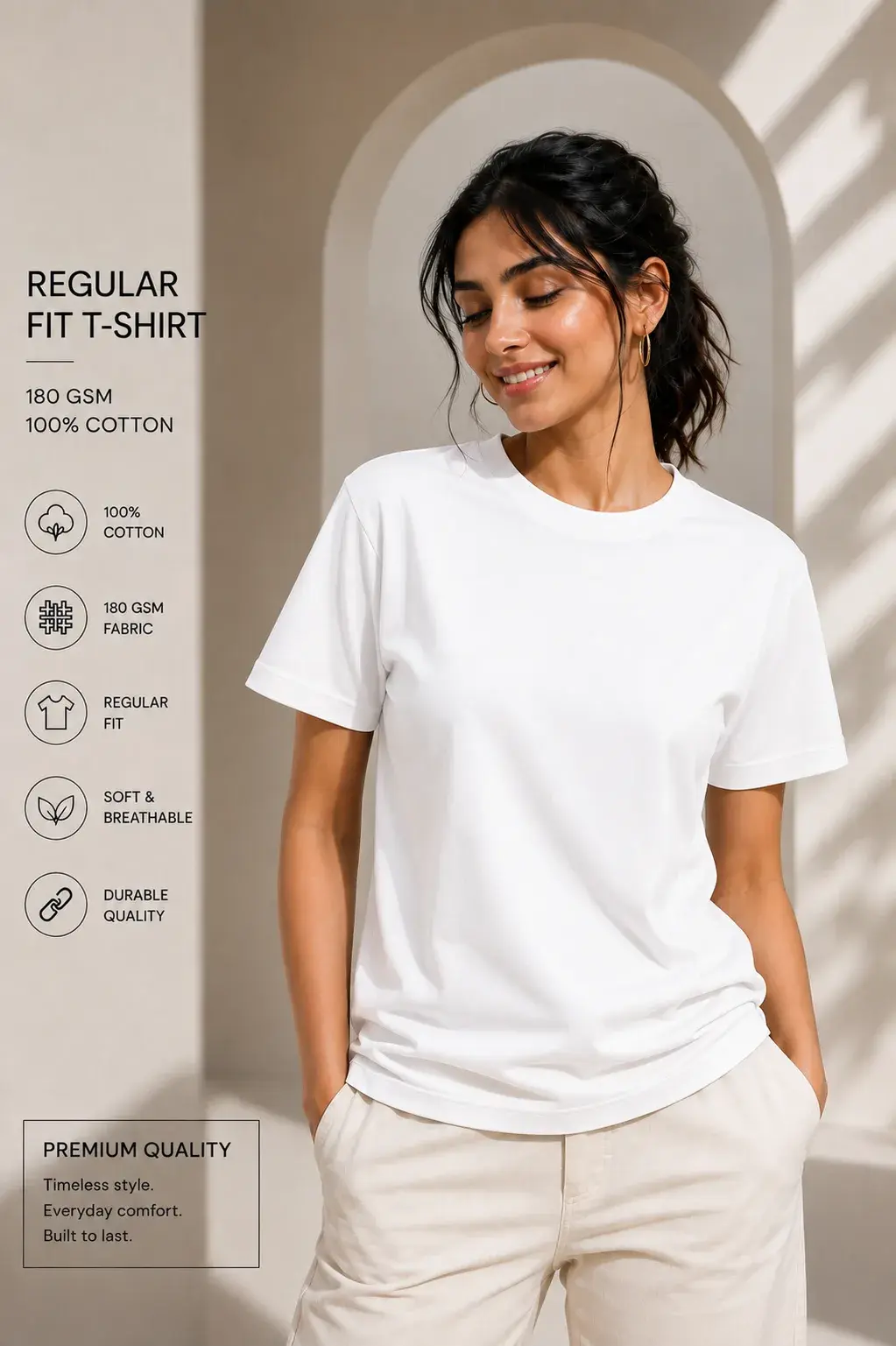 Women’s White Regular Fit T-Shirt – 100% Cotton Soft Casual Everyday Tee 180 GSM