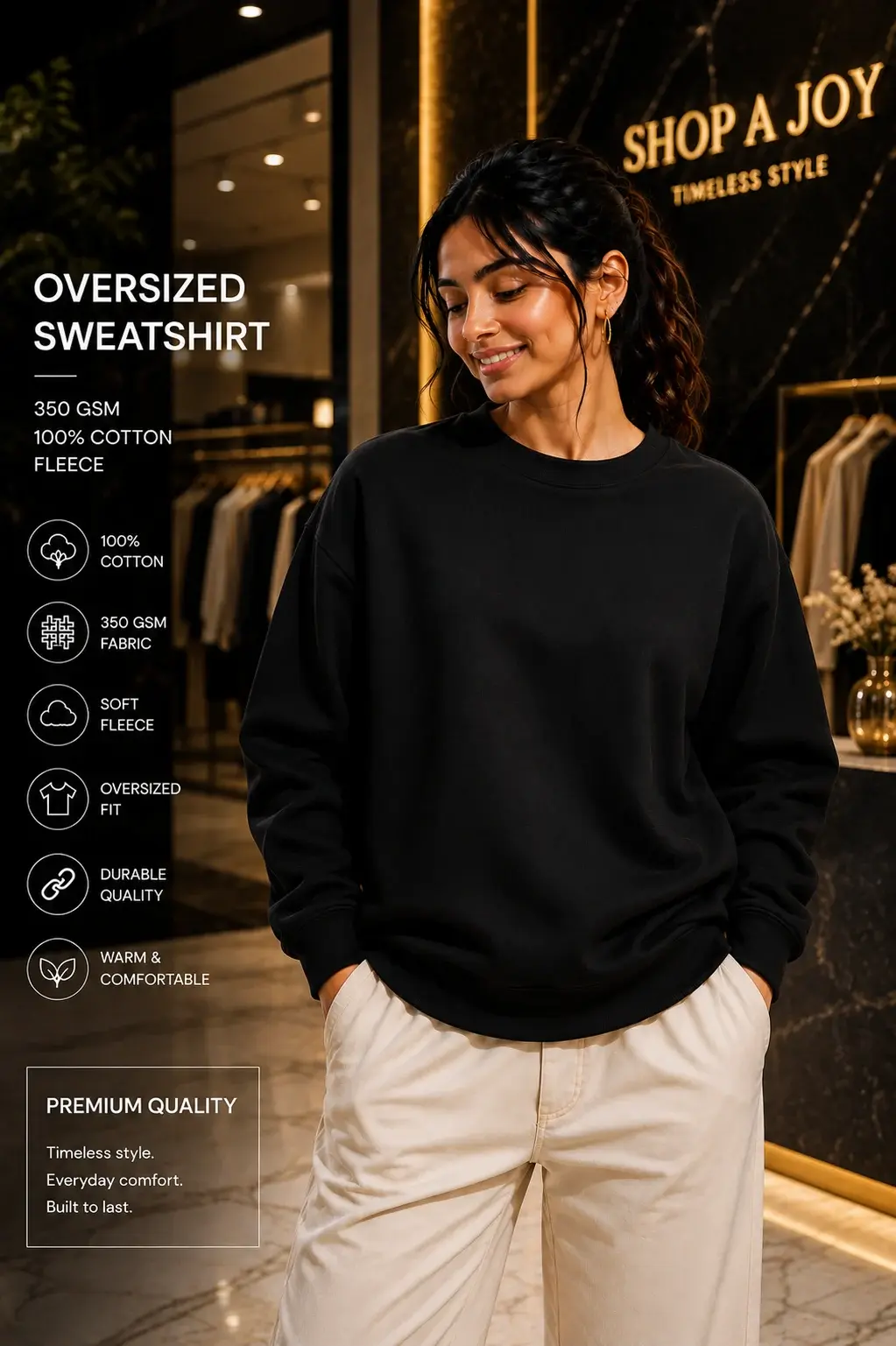 Women’s Black Sweatshirt – 100% Cotton Fleece Crew Neck Warm & Cozy Pullover 350 GSM