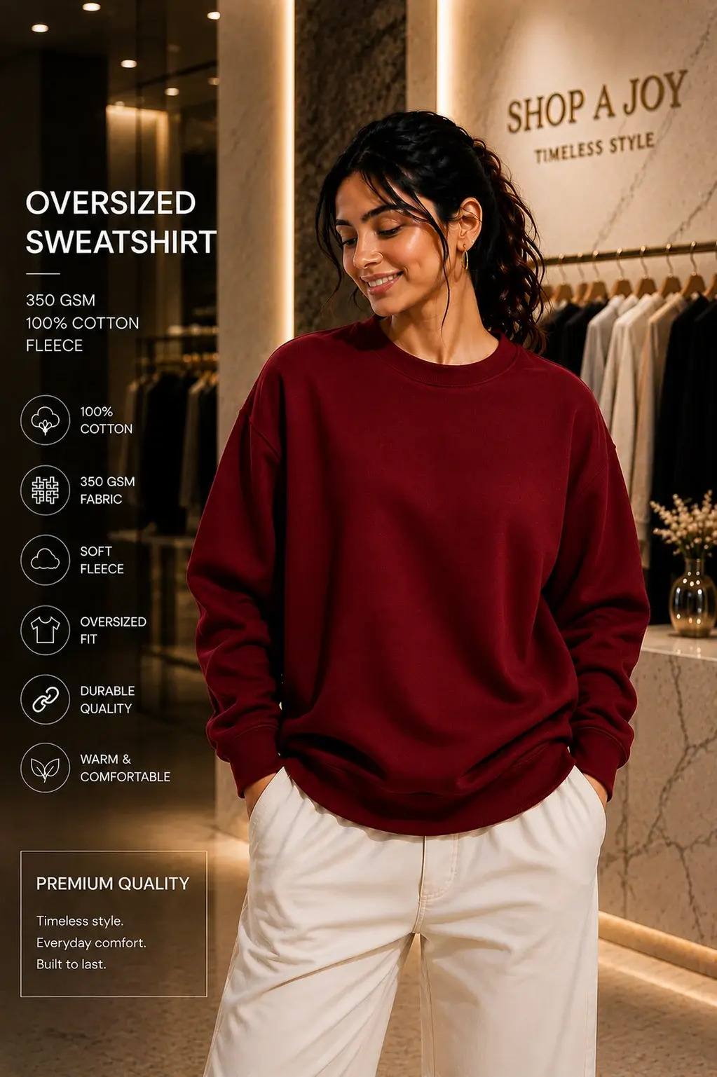 Women’s Maroon Sweatshirt – 100% Cotton Fleece Crew Neck Warm & Cozy Pullover