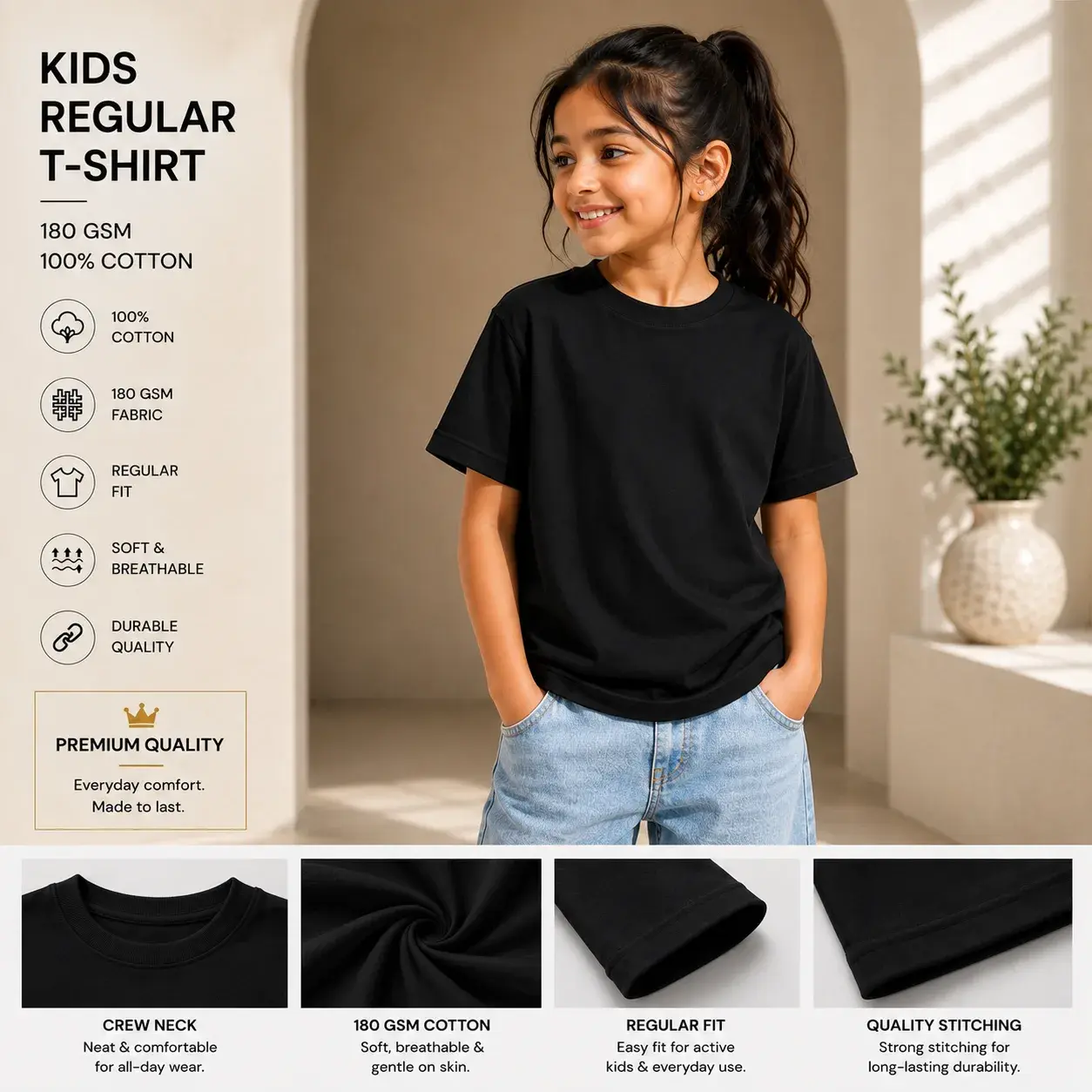 Kids Black Regular Fit T-Shirt – 100% Cotton Soft & Comfortable Everyday Tee 180 GSM