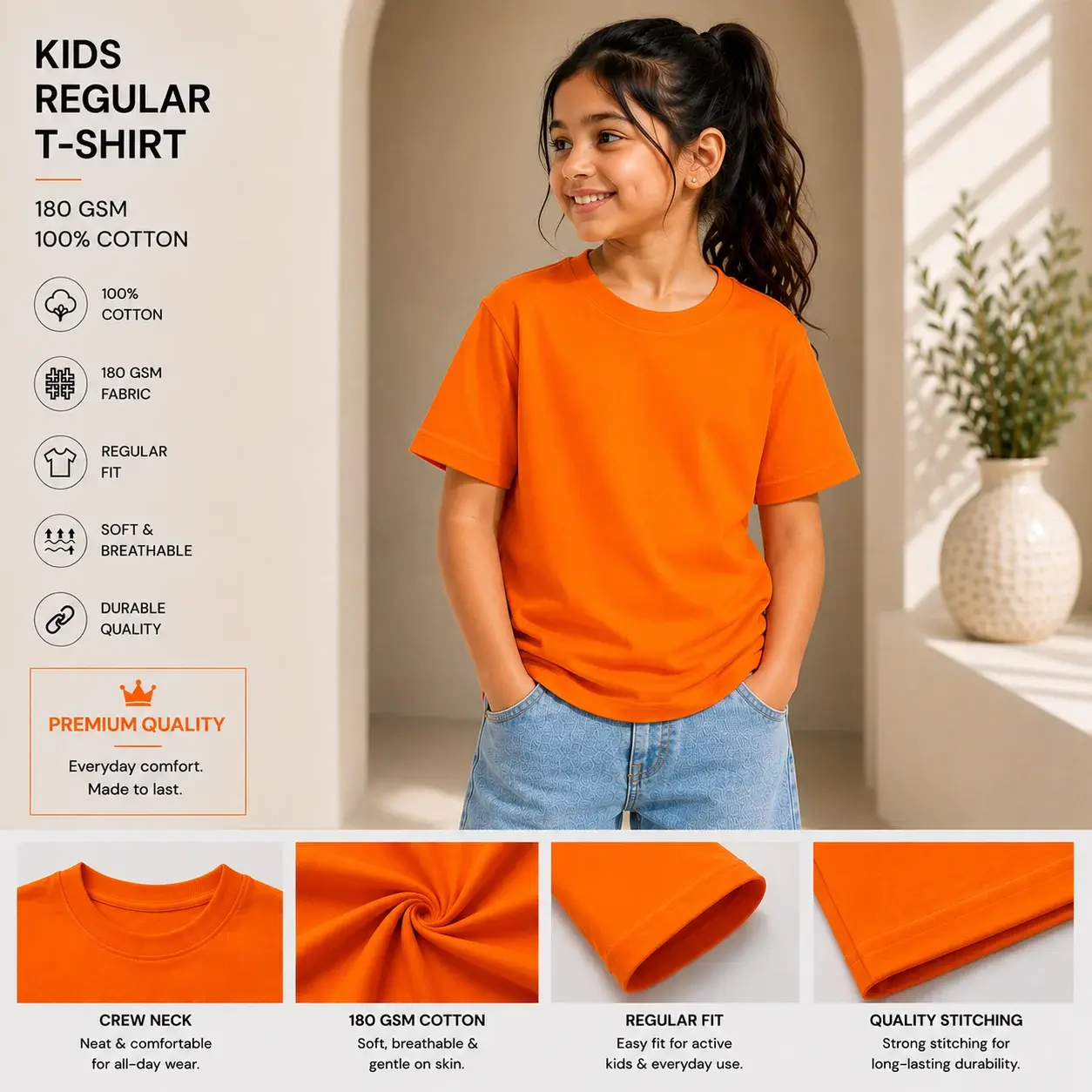 Kids Orange Regular Fit T-Shirt – 100% Cotton Soft & Comfortable Everyday Tee 180 GSM