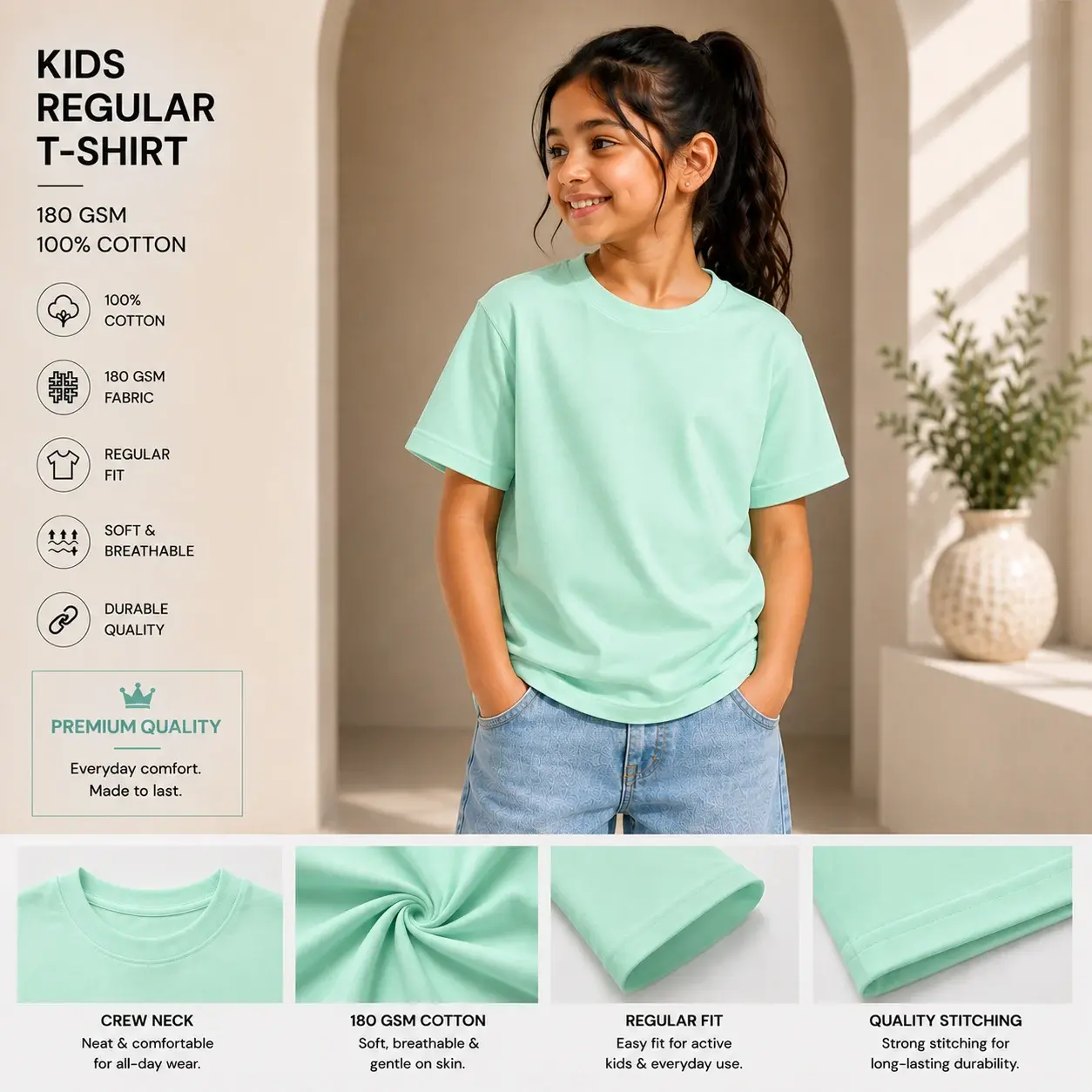 Kids Green Regular Fit T-Shirt – 100% Cotton Soft & Comfortable Everyday Tee 180 GSM Sea
